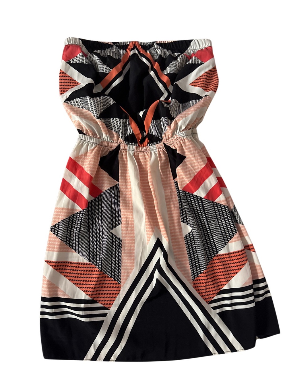 Express Strapless Geometric Print Dress in Black, Coral & Cream